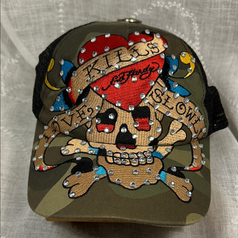 Don Ed Hardy embroidered studded baseball trucker hat cap